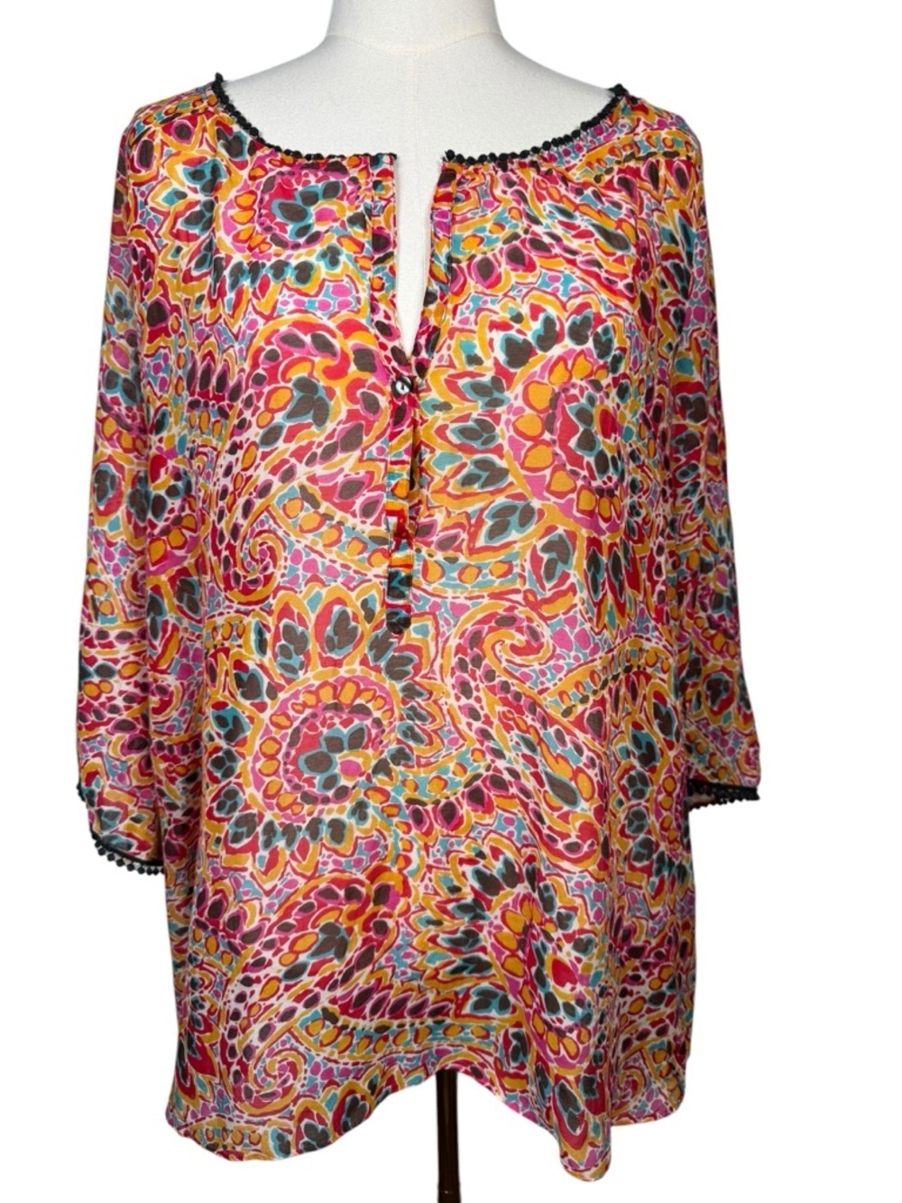 Calypso St Barth Cotton/Silk Tunic Sz L Boho Paisley Print Pom Trim Resort Top